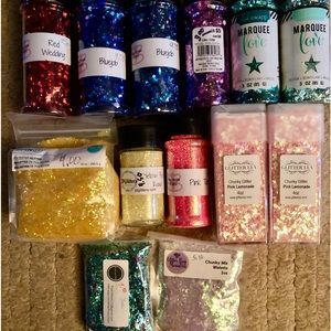 Lot of 13 polyester glitters….11 new, 2 gently used. Various vendors.